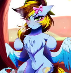 Size: 3525x3633 | Tagged: safe, artist:krissstudios, derpibooru import, oc, oc only, oc:lucky bolt, pegasus, pony, backwards ballcap, badass, baseball cap, belly, belly button, blushing, bow, cap, chest fluff, cigarette, colored wings, commission, concave belly, ear fluff, ears, eyeshadow, female, fluffy, hair bow, hair over one eye, hat, leaning on fence, makeup, simple background, smoking, solo, spread wings, two toned mane, two toned wings, wings, ych result