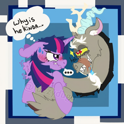 Size: 4320x4320 | Tagged: safe, alternate version, artist:fuzzyduga, derpibooru import, discord, twilight sparkle, twilight sparkle (alicorn), alicorn, draconequus, g4, ..., abstract background, alternate design, antlers, blushing, discolight, drool, duo, duo male and female, ear fluff, ears, female, heh, horn, interested, male, mare, shipping, straight, stupid sexy discord, sweat, sweatdrop, thought bubble