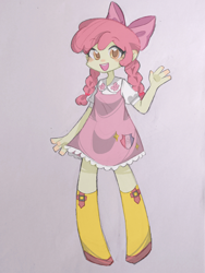 Size: 1698x2264 | Tagged: safe, artist:royal flush, derpibooru import, apple bloom, human, equestria girls, g4, blushing, boots, clothes, dress, open mouth, pink background, shoes, simple background, smiling, solo, waving