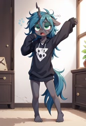 Size: 832x1216 | Tagged: safe, ai content, derpibooru import, machine learning generated, queen chrysalis, anthro, changeling, changeling queen, plantigrade anthro, g4, barefoot, bedroom, blushing, clothes, cute, cutealis, ears, feet, female, floppy ears, hoodie, indoors, legs, lidded eyes, looking at you, messy hair, messy mane, morning ponies, open mouth, oversized clothes, prompter:vtaviscratch, sleepy, solo, standing, stretching, yawn, younger