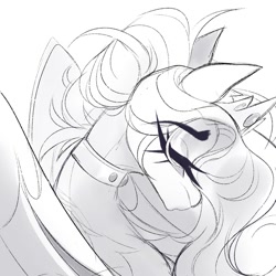 Size: 1500x1500 | Tagged: safe, artist:inspiredpixels, derpibooru import, oc, oc only, oc:dusk ambrosia, alicorn, pony, bust, eyebrows, eyebrows visible through hair, eyelashes, eyes closed, female, long mane, mare, monochrome, portrait, simple background, sketch, slender, solo, thin, white background