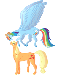 Size: 2000x2500 | Tagged: safe, artist:ireneroxanne666, derpibooru import, applejack, rainbow dash, pony, g4, appledash, applejack's hat, clothes, cowboy hat, duo, duo female, female, hat, lesbian, shipping, simple background, small head, white background