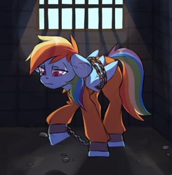 Size: 1856x1892 | Tagged: safe, artist:twi_sfw, derpibooru import, rainbow dash, pegasus, pony, g4, annoyed, clothes, commission, commission open, jumpsuit, never doubt rainbowdash69's involvement, prison, prison outfit, prisoner, prisoner rd, sad, shackles, solo