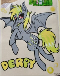 Size: 640x809 | Tagged: safe, artist:redactedhaunt, derpibooru import, derpy hooves, bat pony, hybrid, pegasus, g4, alternate cutie mark, bat ponified, bat pony pegasus, cute, cute little fangs, derpabetes, derpybat, fangs, name, race swap, text, traditional art