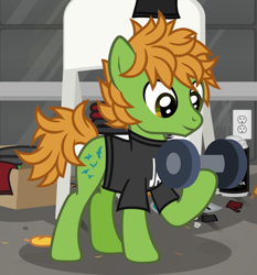 Size: 1282x1375 | Tagged: safe, artist:lightningbolt, derpibooru exclusive, derpibooru import, earth pony, pony, .svg available, all time low, clothes, dumbbell (object), happy, indoors, looking down, male, messy room, ponified, raised hoof, raised leg, shirt, show accurate, smiling, solo, species swap, stallion, standing, svg, t-shirt, vector, weight lifting, weights, working out, zack merrick