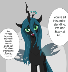 Size: 2808x3002 | Tagged: safe, artist:lillslim, derpibooru import, queen chrysalis, changeling, changeling queen, pony, g4, abstract background, changeling horn, changeling wings, comic, crown, dialogue, drawthread, horn, insect wings, jewelry, lidded eyes, looking at you, one-panel comic, open mouth, ponified, ponified manga, regalia, requested art, species swap, speech bubble, spread wings, standing, talking, talking to viewer, teeth, text, wings