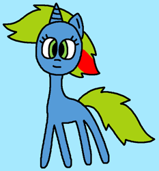 Size: 713x764 | Tagged: safe, artist:the-rainbow-nigga420, derpibooru import, ribbon (g1), pony, unicorn, g1, g4, 1000 hours in ms paint, blue background, closed mouth, cyan background, female, g1 to g4, g1betes, generation leap, horn, mare, ms paint, ribbondorable, simple background, smiling, solo