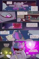 Size: 960x1440 | Tagged: safe, artist:cold-blooded-twilight, derpibooru import, twilight sparkle, unicorn twilight, pony, unicorn, comic:cold storm, g4, ..., :<, bed, belly, belly button, book, cold blooded twilight, comic, dialogue, female, heart, horn, lidded eyes, looking down, lying down, lying on bed, magic, mare, on back, on bed, pictogram, pillow, question mark, solo, sparkles, speech bubble, sweat, telekinesis, thought bubble, twilight's bedroom, underhoof