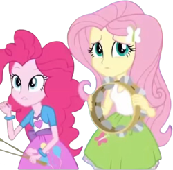 Size: 2571x2520 | Tagged: safe, derpibooru import, edit, edited screencap, editor:homersimpson1983, screencap, fluttershy, pinkie pie, equestria girls, g4, background removed, drumsticks, duo, duo female, female, musical instrument, not a vector, simple background, tambourine, transparent background