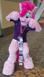 Size: 742x1280 | Tagged: safe, artist:spainfischer, derpibooru import, pinkie pie, g4, badge, clothes, fursuit, indoors, irl, photo, ponysuit, shirt, solo, t-shirt