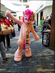 Size: 963x1280 | Tagged: safe, artist:spainfischer, derpibooru import, pinkie pie, human, g4, badge, clothes, fursuit, indoors, irl, irl human, photo, ponysuit, shirt, solo, t-shirt