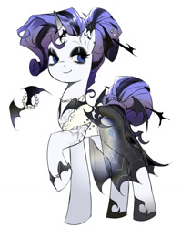 Size: 859x1081 | Tagged: safe, artist:miukyhiedo, derpibooru import, rarity, bat, pony, unicorn, g4, clothes, dress, ear piercing, earring, eyeliner, female, hair bun, horn, jewelry, makeup, mare, mascara, piercing, raised hoof, raised leg, see-through, see-through skirt, simple background, skirt, smiling, solo, tail, tail bun, white background