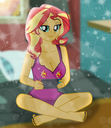 Size: 6342x7302 | Tagged: safe, artist:charliexe, artist:emeraldblast63, derpibooru import, sunset shimmer, human, equestria girls, g4, barefoot, black nail polish, breasts, cleavage, clothes, crossed legs, feet, gamer sunset, indoors, lens flare, nail polish, nintendo switch, smiling, solo, stupid sexy sunset shimmer, sunset jiggler, toenail polish