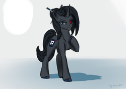 Size: 3541x2508 | Tagged: safe, artist:kirieshka, derpibooru import, oc, oc only, unicorn, best pony, black eye, black hair, blue eyes, hair, hairstyle, horn, needle, solo