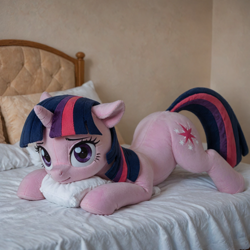 Size: 1536x1536 | Tagged: safe, ai content, derpibooru import, machine learning generated, twilight sparkle, unicorn twilight, pony, unicorn, g4, anonymous prompter, bed, cute, ears, female, floppy ears, horn, indoors, lying down, mare, photorealistic, pillow, plushie, prone, realistic, solo