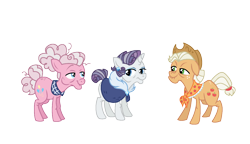 Size: 1250x720 | Tagged: safe, artist:dazzle, derpibooru import, applejack, pinkie pie, rarity, earth pony, unicorn, g4, accessory, clothes, coat, curly hair, curly mane, ear piercing, elderly, female, group, hat, horn, mare, older, physique difference, piercing, simple background, transparent background, trio, trio female