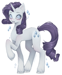 Size: 1090x1307 | Tagged: safe, artist:lazaraphim, derpibooru import, rarity, pony, unicorn, g4, blushing, female, horn, mare, open mouth, raised hoof, raised leg, simple background, solo, unshorn fetlocks, white background