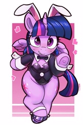 Size: 1359x2100 | Tagged: safe, artist:pabbley, derpibooru import, twilight sparkle, twilight sparkle (alicorn), alicorn, pony, g4, blushing, bowtie, bunny ears, bunny suit, chest fluff, clothes, female, heart, looking at you, mare, necktie, passepartout, smiling, smiling at you, solo, wide hips