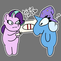 Size: 2000x2000 | Tagged: safe, artist:luanbang, derpibooru import, starlight glimmer, trixie, pony, unicorn, g4, duo, duo female, female, gray background, hat, horn, meme, pregnancy test, pregnancy test meme, simple background, text