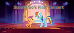 Size: 1920x864 | Tagged: artist needed, safe, anonymous artist, artist:cloudy glow, derpibooru import, rainbow dash, scootaloo, pegasus, pony, fanfic:scootaloo's first concert, g4, best pony, concert, cute, cutealoo, dashabetes, duo, duo female, fanfic art, female, filly, foal, hoofbump, looking at each other, looking at someone, mare, poster, scootadoption, scootalove, sibling love, siblings, sisterly love, sisters, smiling, smiling at each other, spotlight, spread wings, stage, story in the source, story included, wings