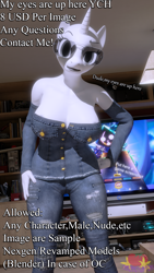 Size: 2160x3840 | Tagged: safe, artist:marianokun, derpibooru import, oc, anthro, 3d, :o, advertisement, blender, clothes, commission, fortnite, glasses, looking at you, my eyes are up here, open mouth, raven team leader, television, xbox, ych example, your character here