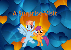 Size: 1384x980 | Tagged: artist needed, safe, anonymous artist, artist:mundschenk85, artist:thatguy1945, derpibooru import, scootaloo, windy whistles, pegasus, pony, fanfic:a surprise visit, g4, bipedal, cute, cutealoo, duo, duo female, fanfic art, female, filly, foal, freckles, heart, heart background, mare, mother and child, mother and daughter, open mouth, open smile, parent and child, poster, scootadoption, scootalove, smiling, spread arms, spread wings, story in the source, story included, windybetes, wings