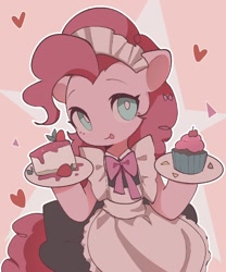 Size: 1080x1296 | Tagged: safe, artist:zrainm, derpibooru import, pinkie pie, earth pony, pony, semi-anthro, g4, :p, abstract background, apron, cake, cherry, clothes, cupcake, female, food, heart, looking at you, maid, maid headdress, mare, outline, plate, solo, strawberry, tongue, tongue out, white outline