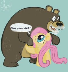 Size: 1280x1368 | Tagged: safe, artist:amynewblue, derpibooru import, fluttershy, bear, pegasus, pony, g4, :c, blue background, cocaine, cocaine bear, crying, deviantart watermark, drugs, female, fluttershy being fluttershy, foaming at the mouth, frown, hug, mare, obtrusive watermark, open mouth, pinpoint eyes, signature, simple background, speech bubble, watermark