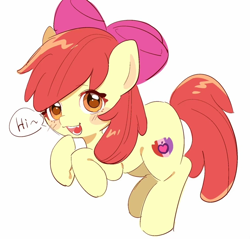 Size: 1130x1079 | Tagged: safe, artist:guiiy电离诡, derpibooru import, apple bloom, earth pony, pony, g4, adorabloom, blushing, cute, female, filly, foal, hi, looking at you, simple background, solo, speech bubble, white background