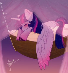 Size: 1180x1280 | Tagged: safe, artist:julieee3e, derpibooru import, twilight sparkle, twilight sparkle (alicorn), alicorn, pegasus, pony, unicorn, g4, horn, indoors, signature, sleeping, solo