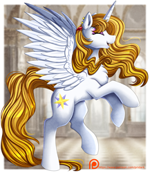 Size: 2571x2957 | Tagged: safe, artist:pridark, derpibooru import, prince blueblood, princess bluebelle, alicorn, pony, g4, alicornified, concave belly, indoors, passepartout, race swap, rule 63, solo