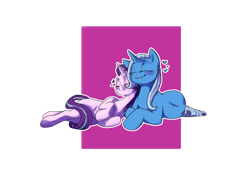 Size: 4960x3508 | Tagged: safe, artist:doofrabbit, derpibooru import, starlight glimmer, trixie, pony, unicorn, g4, duo, duo female, eyes closed, female, heart, horn, lesbian, lying down, mare, shipping, snuggling, startrix