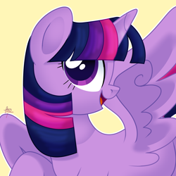 Size: 4000x4000 | Tagged: safe, artist:fizzlefer, derpibooru import, twilight sparkle, twilight sparkle (alicorn), alicorn, pony, g4, bust, cute, female, head turn, looking at you, mare, one wing out, open mouth, open smile, signature, simple background, smiling, smiling at you, solo, twiabetes, wings, yellow background