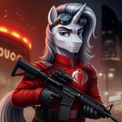 Size: 1024x1024 | Tagged: safe, ai content, derpibooru import, machine learning generated, anthro, unicorn, assault rifle, clothes, cobra the enemy, cosplay, costume, crimson guard, g.i. joe, generator:google imagen 3.0, goggles, gradient background, gun, horn, male, military uniform, prompter:zerowinger, rifle, solo, uniform, weapon