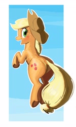 Size: 2458x4096 | Tagged: safe, artist:_ton618_, derpibooru import, part of a set, applejack, earth pony, pony, g4, applebutt, bikini, blushing, butt, butt freckles, clothes, female, freckles, frog (hoof), gold swimsuit, golden bikini, large butt, looking at you, mare, open mouth, open smile, passepartout, plot, smiling, smiling at you, solo, swimsuit, underhoof