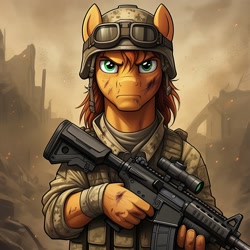 Size: 1024x1024 | Tagged: safe, ai content, derpibooru import, machine learning generated, braeburn, anthro, earth pony, g4, assault rifle, clothes, cosplay, costume, desert, dusty, fatigues, g.i. joe, generator:google imagen 3.0, goggles, gun, helmet, male, military uniform, outdoors, prompter:zerowinger, rifle, solo, uniform, weapon