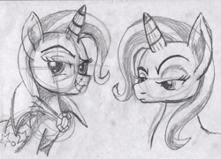 Size: 2788x2009 | Tagged: safe, artist:ciaran, derpibooru exclusive, derpibooru import, trixie, unicorn, g4, bust, cape, clothes, eyebrows, female, frown, horn, lidded eyes, looking at you, looking sideways, mare, mascara, missing accessory, pencil drawing, raised eyebrow, simple background, sketch, smiling, teeth, traditional art, trixie's cape