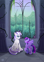 Size: 1241x1755 | Tagged: safe, artist:willoillo, derpibooru import, twilight sparkle, twilight sparkle (alicorn), twilight velvet, alicorn, pony, unicorn, g4, castle of the royal pony sisters, duo, duo female, female, horn, indoors, mare, mother and child, mother and daughter, parent and child, size difference