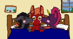 Size: 555x300 | Tagged: safe, artist:tonitomato, derpibooru import, tempest shadow, oc, oc:crimson sky, oc:midnight shadow, g4, bed, blush sticker, blushing, indoors, kiss on the cheek, kiss sandwich, kissing, trio, wholesome, window