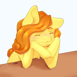 Size: 2000x2000 | Tagged: safe, artist:шок, derpibooru import, oc, oc only, oc:anna pine, earth pony, pony, :3, curly hair, curly mane, eyes closed, freckles, hood, long hair, orange mane, simple background, sitting, smiling, solo, yellow coat