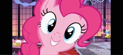 Size: 1600x720 | Tagged: safe, derpibooru import, screencap, pinkie pie, earth pony, pony, g4, season 2, sweet and elite, balloon, confetti, female, looking at you, mare, pillarboxing, present, smiling, solo