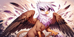 Size: 2400x1200 | Tagged: safe, ai content, derpibooru import, machine learning generated, gilda, griffon, g4, feather, outdoors, partially open wings, prompter:greesys, solo, wings