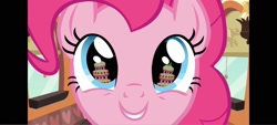 Size: 1600x720 | Tagged: safe, derpibooru import, screencap, pinkie pie, earth pony, pony, g4, mmmystery on the friendship express, season 2, cake, eye reflection, female, food, mare, marzipan mascarpone meringue madness, reflection, solo