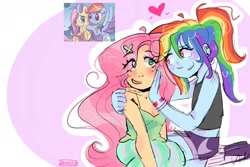 Size: 1800x1200 | Tagged: safe, artist:scisetstarlight, derpibooru import, idw, fluttershy, rainbow dash, human, equestria girls, g4, blushing, butterfly hairpin, duo, duo female, eye clipping through hair, eyebrows, eyebrows visible through hair, eyeshadow, female, floating heart, flutterdash, hand on face, hand on shoulder, heart, lesbian, looking at each other, looking at someone, makeup, multicolored hair, ponytail, rainbow hair, scene interpretation, shipping, signature, sitting, smiling, smiling at each other