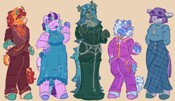 Size: 1500x863 | Tagged: safe, artist:lichenbug, artist:tottallytoby, derpibooru import, part of a set, maud pie, queen chrysalis, starlight glimmer, sunburst, trixie, anthro, changeling, changeling queen, earth pony, unguligrade anthro, unicorn, g4, :3, alternate design, alternate eye color, alternate hairstyle, alternate tailstyle, alternate universe, anklet, arm fluff, beanbrows, blaze (coat marking), blue coat, blue mane, blue tail, bobcut, body chain, bracelet, changeling horn, chest fluff, clothes, coat markings, colored ears, colored eartips, colored eyebrows, colored eyelashes, colored hooves, colored horn, colored mouth, colored muzzle, colored pinnae, colored tongue, curly hair, curly mane, curly tail, curved horn, dot eyes, dress, dress pants, ear piercing, earring, ears, eye clipping through hair, eyebrows, eyebrows visible through hair, eyeshadow, facial markings, fangs, female, fetlock tuft, floppy ears, friends, gala dress, gala outfit, glasses, gloves, gray body, gray coat, green dress, green eyelashes, green eyes, green eyeshadow, group, hand on hip, hands behind back, height difference, hock fluff, hoof fingers, hooves, horn, horn jewelry, horn ring, jewelry, leg markings, leonine tail, lidded eyes, long dress, long mane, long skirt, long tail, looking back, looking to side, looking to the left, looking to the right, makeup, male, mare, necklace, no mouth, open mouth, open smile, orange background, orange coat, pale muzzle, pants, pencil skirt, physique difference, piercing, pink coat, pink eyes, pink hooves, plaid skirt, profile, purple blush, purple eyes, purple eyeshadow, purple hooves, purple mane, purple mouth, purple tail, purple tongue, quintet, raised arm, ring, round glasses, shirt, short hair, short mane, simple background, skirt, sleeveless, sleeveless dress, small horn, smiling, snip (coat marking), socks (coat marking), spots, stallion, standing, straight mane, straight tail, suit, sweater, tail, tail fluff, tail markings, teal eyes, teal hooves, teal mane, teal tail, thick eyebrows, three quarter view, torn ear, turtleneck, two toned horn, two toned mane, two toned tail, unicorn horn, wall of tags