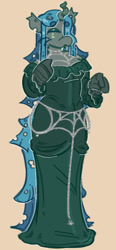 Size: 400x863 | Tagged: safe, artist:lichenbug, artist:tottallytoby, derpibooru import, part of a set, queen chrysalis, anthro, changeling, changeling queen, g4, alternate design, alternate universe, beanbrows, body chain, changeling horn, clothes, colored eyebrows, colored eyelashes, dot eyes, dress, eyebrows, eyeshadow, fangs, female, gala dress, gala outfit, gloves, gray body, green dress, green eyelashes, green eyes, green eyeshadow, horn, jewelry, long dress, long mane, long tail, looking back, makeup, orange background, raised arm, simple background, solo, standing, straight mane, straight tail, tail, teal mane, teal tail, three quarter view, torn ear, two toned mane, two toned tail, wall of tags