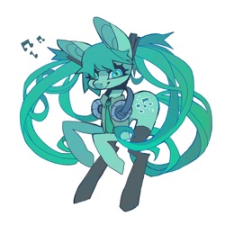 Size: 1058x1058 | Tagged: safe, artist:cutesykill, derpibooru import, earth pony, pony, anime, bangs, big ears, black socks, blue coat, blue eyes, blue mane, blue sclera, blue tail, clothes, coat markings, colored pinnae, colored sclera, ears, eyelashes, facial markings, female, hair accessory, hatsune miku, headphones, headphones around neck, long legs, long mane, long socks, long tail, mane accessory, mare, necktie, no catchlights, pigtails, ponified, rearing, simple background, slender, slit eyes, smiling, snip (coat marking), socks, solo, species swap, tail, thick eyelashes, thin, thin legs, twintails, vest, vocaloid, white background