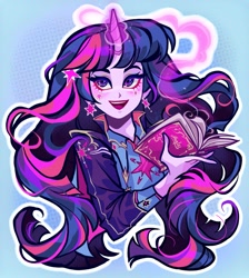 Size: 1831x2048 | Tagged: safe, artist:libbly_libby, derpibooru import, twilight sparkle, human, equestria girls, g4, book, clothes, cutie mark accessory, cutie mark earrings, cutie mark on clothes, ear piercing, earring, female, glowing, glowing horn, holding a book, horn, jacket, jewelry, light blue background, magic, magic aura, magic book, open mouth, open smile, outline, piercing, simple background, smiling, solo, white outline