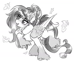 Size: 1532x1313 | Tagged: safe, artist:opalacorn, derpibooru import, oc, oc only, oc:mabel, pegasus, pony, autumn, bipedal, black and white, falling leaves, female, grayscale, leaves, mare, monochrome, simple background, solo, unshorn fetlocks, white background