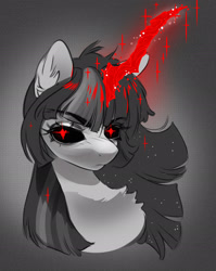 Size: 1755x2208 | Tagged: safe, artist:opalacorn, derpibooru import, twilight sparkle, unicorn, g4, black sclera, bust, chest fluff, curved horn, ear fluff, ears, female, glowing, glowing eyes, glowing horn, grayscale, horn, mare, monochrome, neo noir, partial color, red eyes, solo